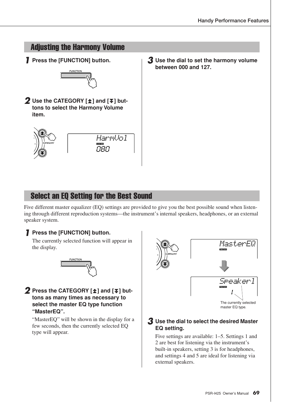 Adjusting the harmony volume, Select an eq setting for the best sound, Harmvol | Speakerl mastereq | Yamaha PortaTone PSR-I425 User Manual | Page 69 / 128