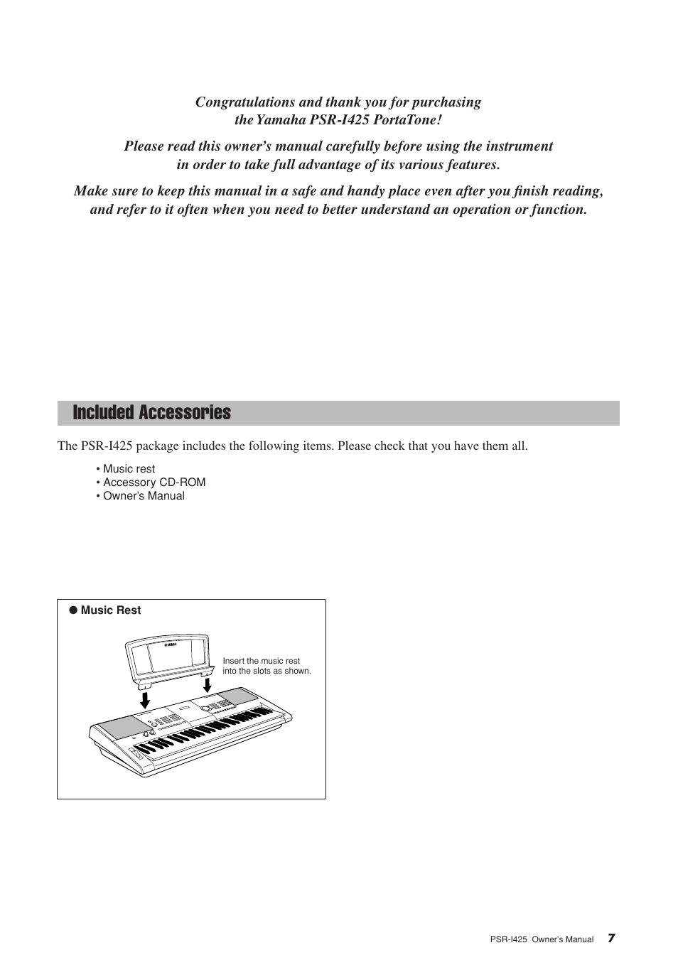 Congratulations, Included accessories | Yamaha PortaTone PSR-I425 User Manual | Page 7 / 128