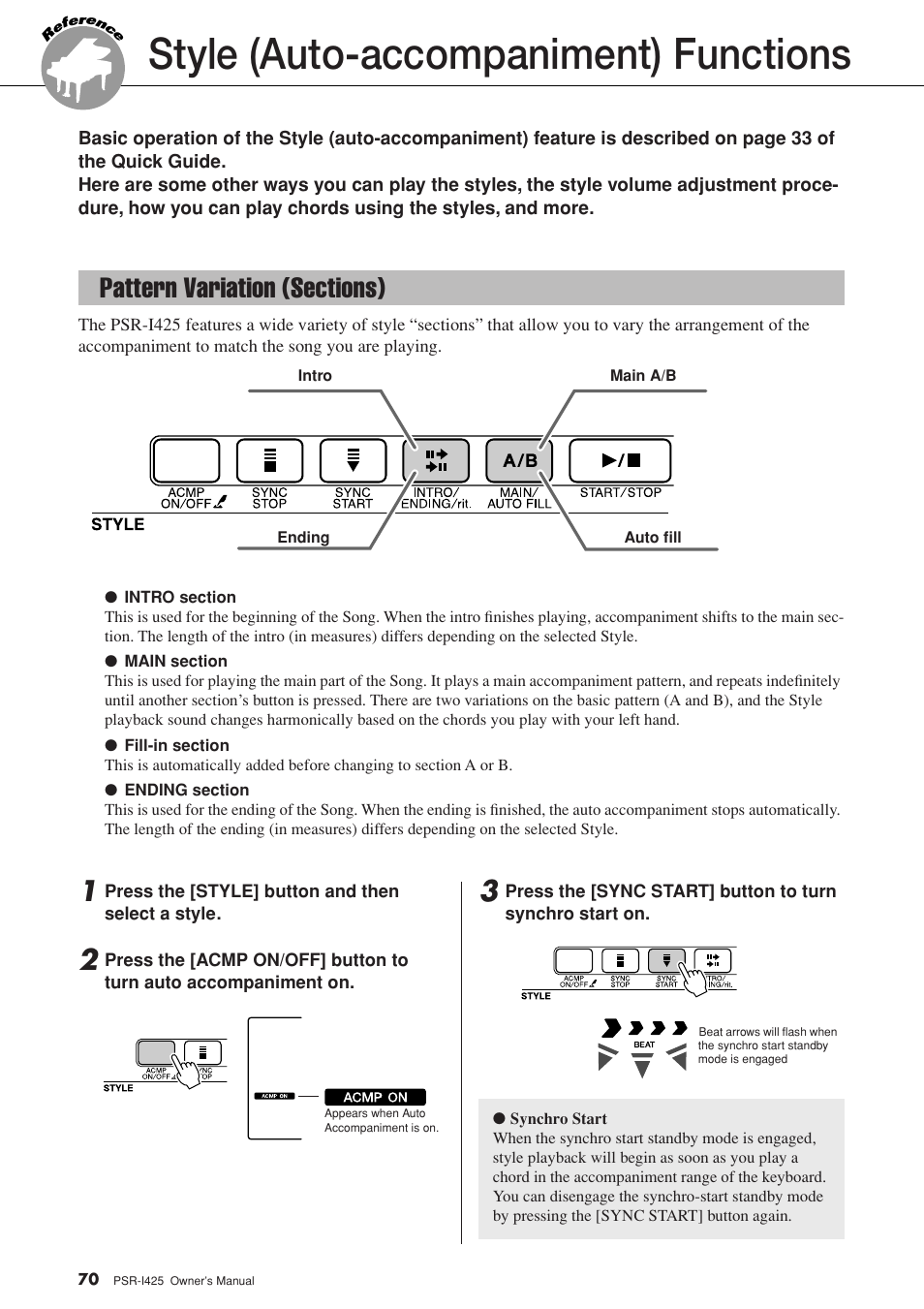 Style (auto-accompaniment) functions, Pattern variation (sections) | Yamaha PortaTone PSR-I425 User Manual | Page 70 / 128