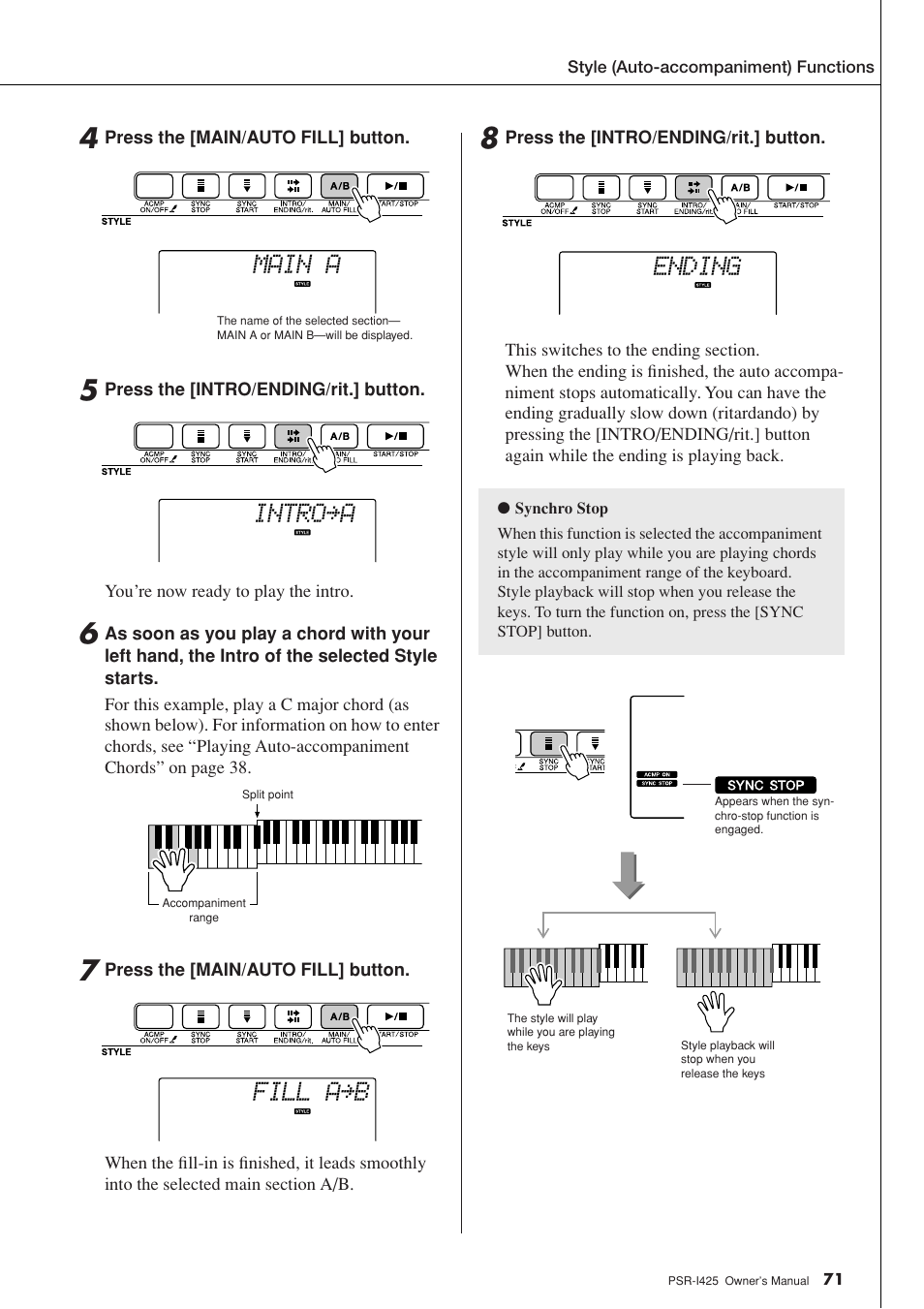 Main a, Intro≥a, Fill a≥b | Ending | Yamaha PortaTone PSR-I425 User Manual | Page 71 / 128