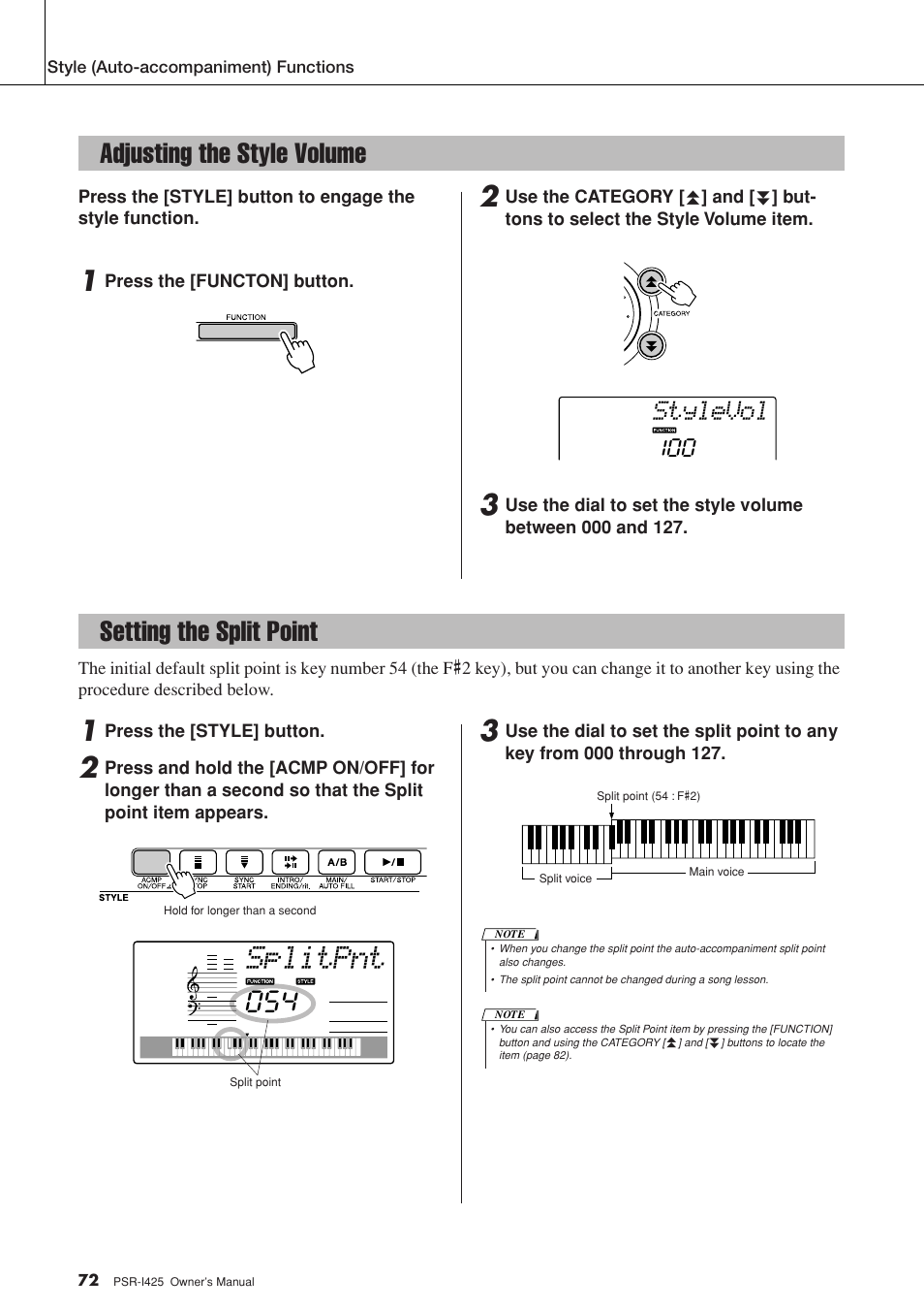 Adjusting the style volume, Setting the split point, Adjusting the style volume setting the split point | Splitpnt, Setting the split point 054, Stylevol | Yamaha PortaTone PSR-I425 User Manual | Page 72 / 128