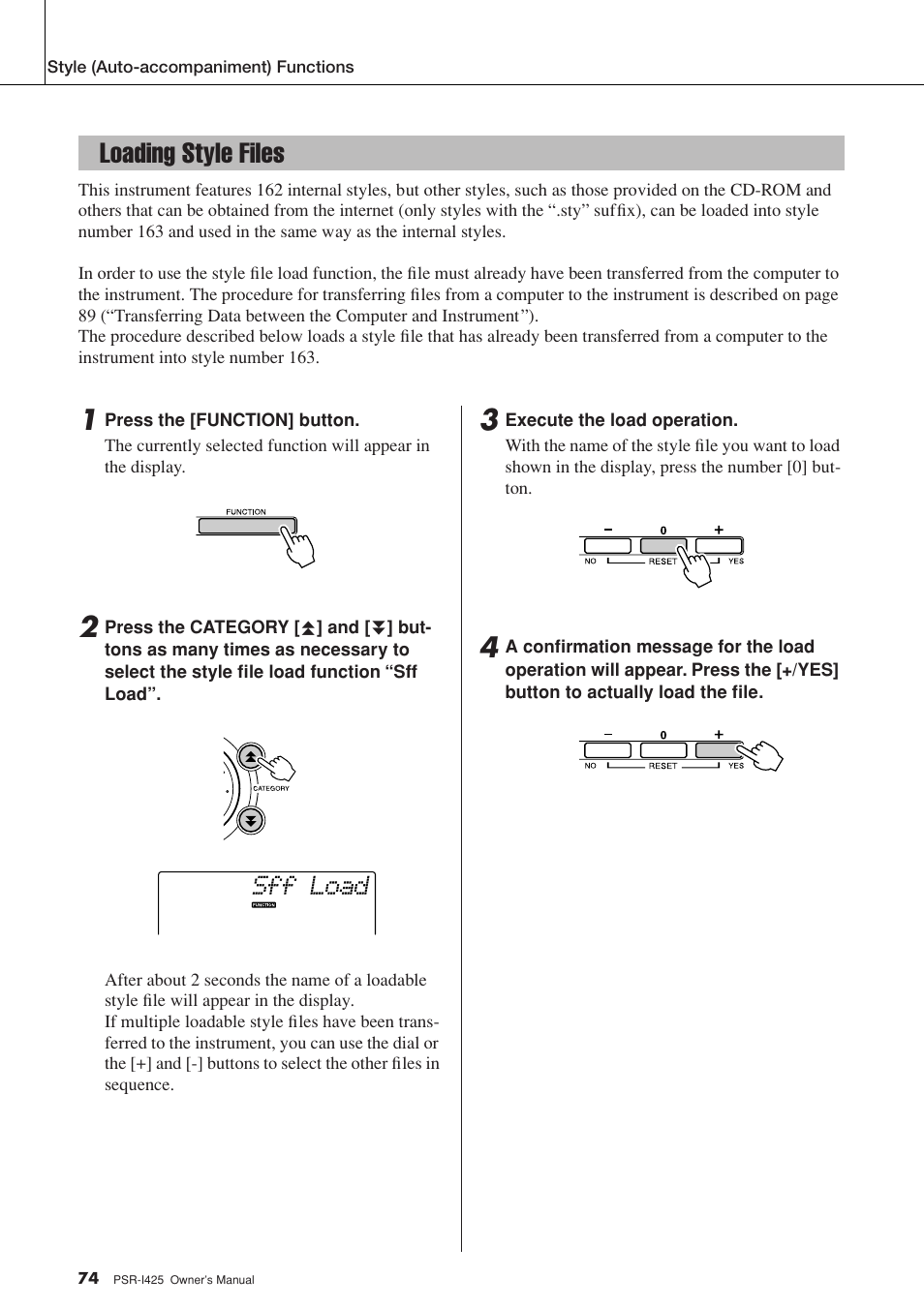 Loading style files, Sff load | Yamaha PortaTone PSR-I425 User Manual | Page 74 / 128