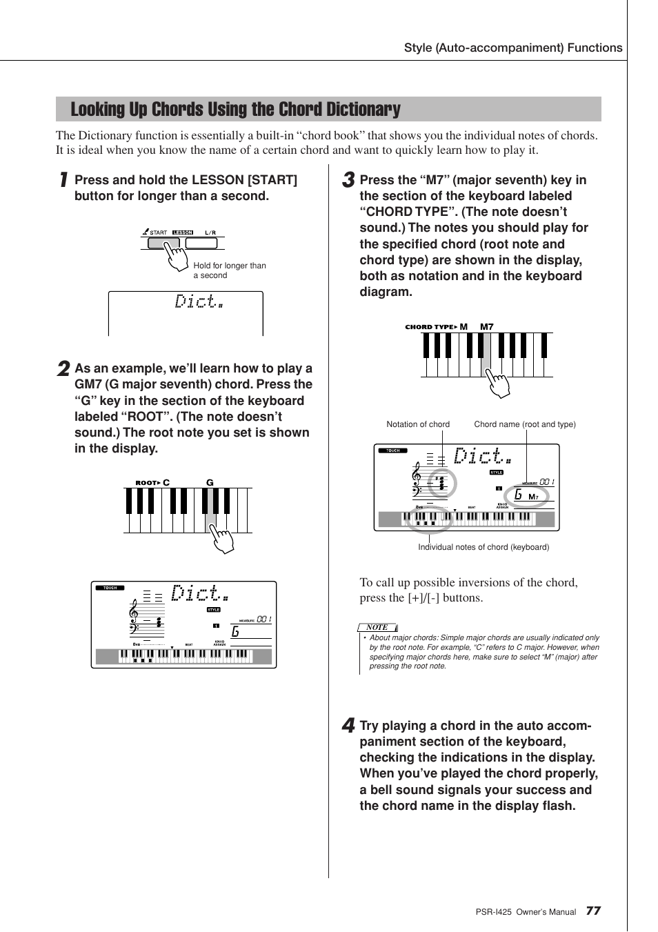 Looking up chords using the chord dictionary, Dict | Yamaha PortaTone PSR-I425 User Manual | Page 77 / 128