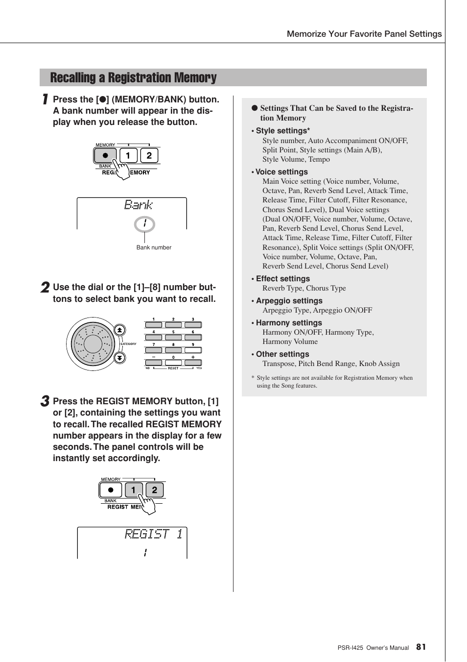 Recalling a registration memory, Bank regist 1 | Yamaha PortaTone PSR-I425 User Manual | Page 81 / 128