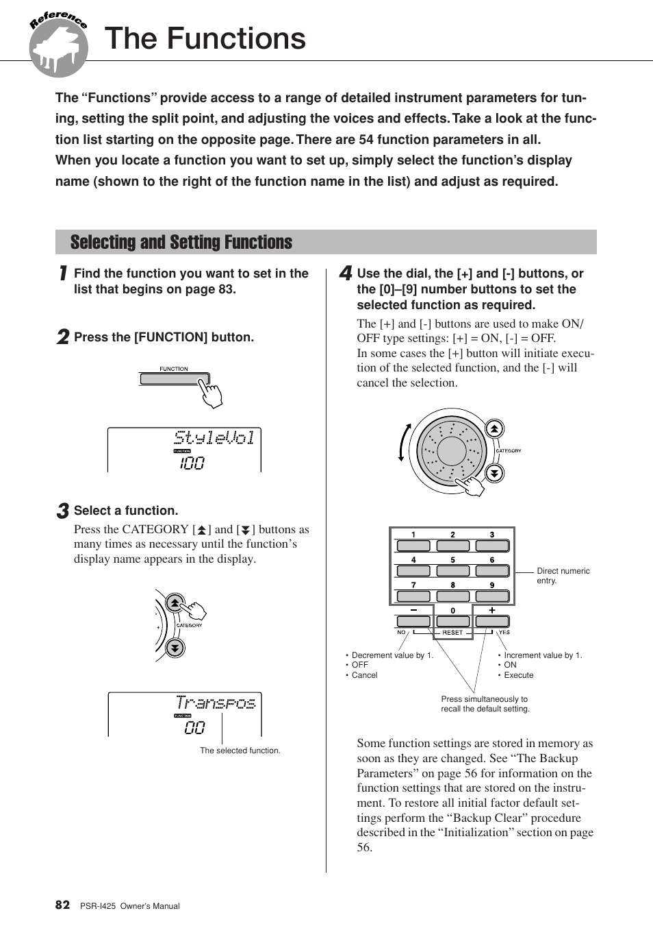 The functions, Selecting and setting functions, Stylevol | Transpos | Yamaha PortaTone PSR-I425 User Manual | Page 82 / 128