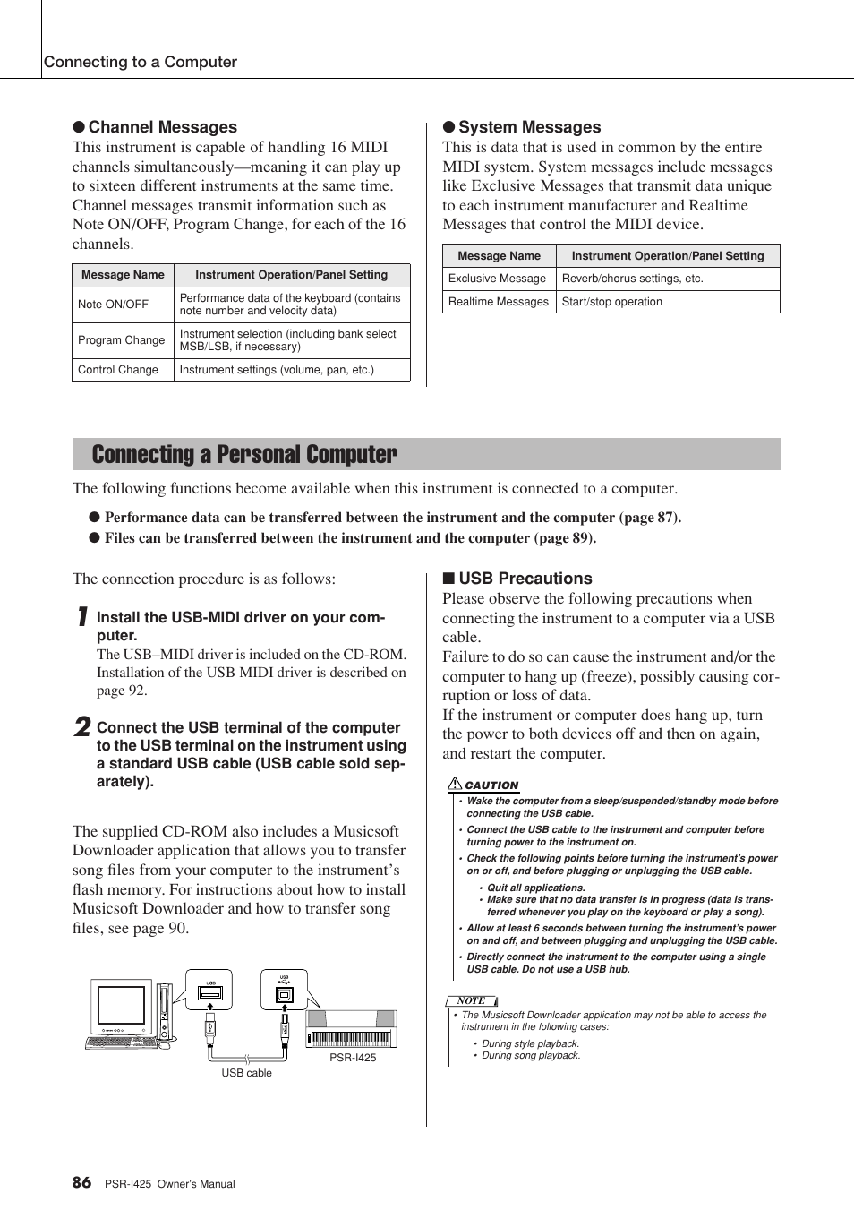 Connecting a personal computer, The connection procedure is as follows | Yamaha PortaTone PSR-I425 User Manual | Page 86 / 128