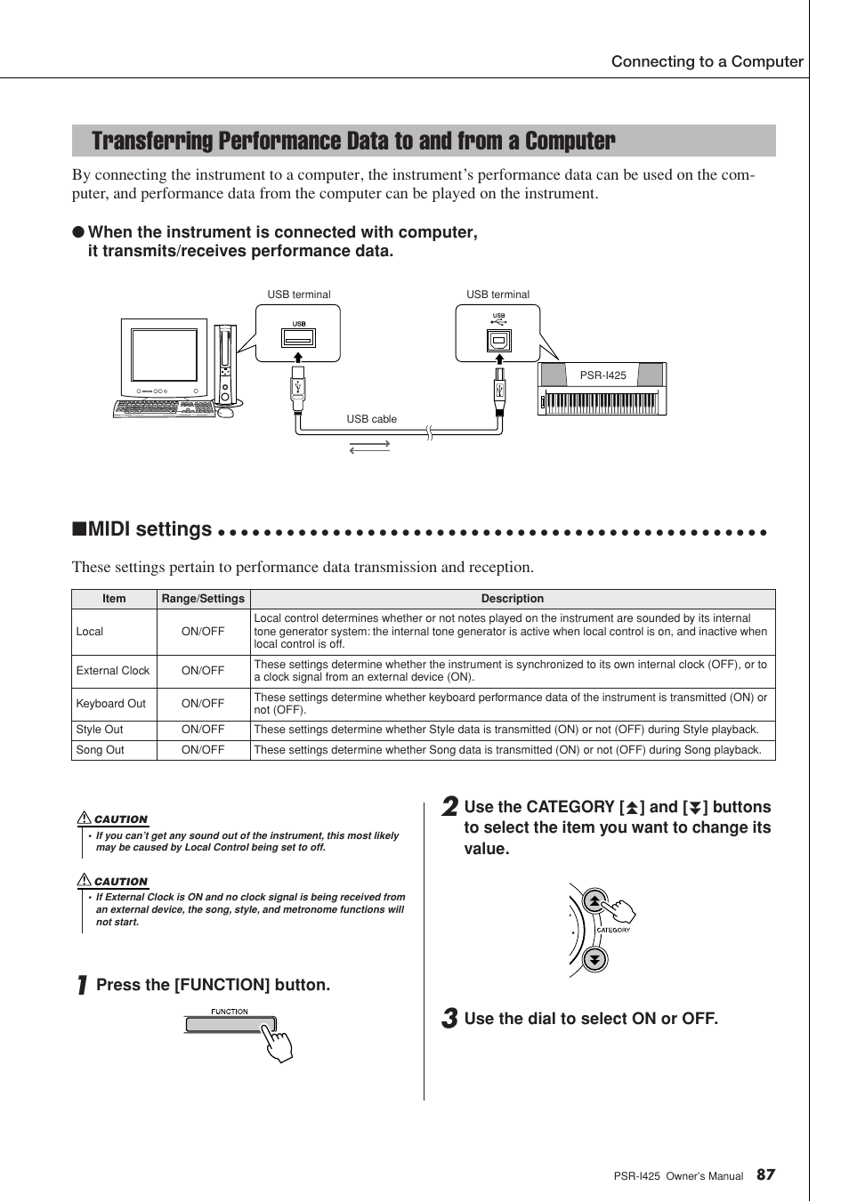 Midi settings | Yamaha PortaTone PSR-I425 User Manual | Page 87 / 128