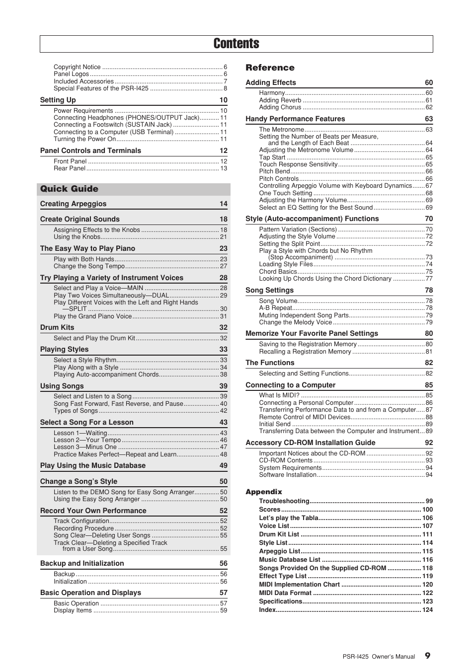 Yamaha PortaTone PSR-I425 User Manual | Page 9 / 128