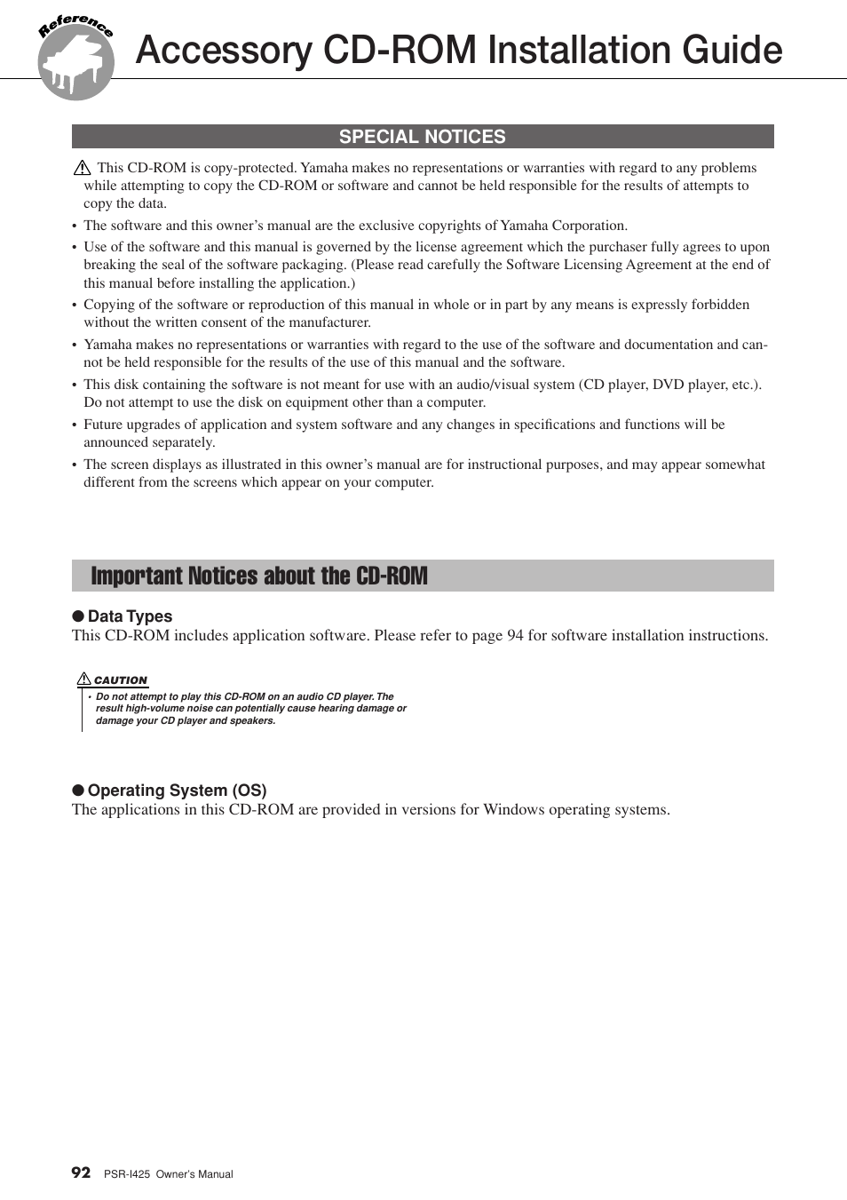 Accessory cd-rom installation guide, Important notices about the cd-rom | Yamaha PortaTone PSR-I425 User Manual | Page 92 / 128