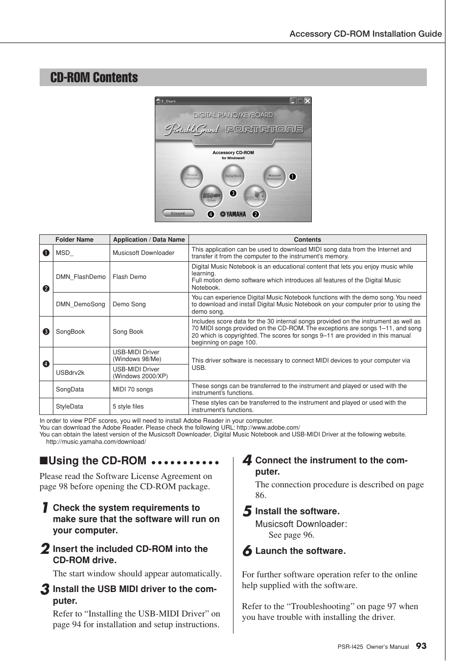 Cd-rom contents, Using the cd-rom | Yamaha PortaTone PSR-I425 User Manual | Page 93 / 128