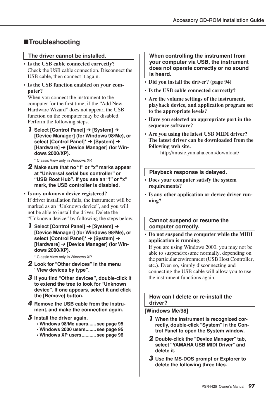 Troubleshooting | Yamaha PortaTone PSR-I425 User Manual | Page 97 / 128
