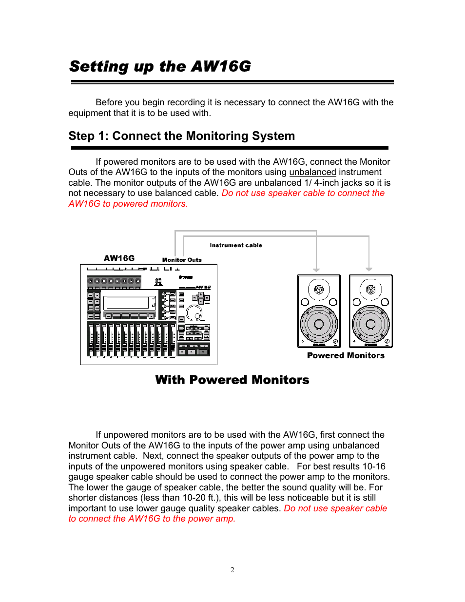Setting up the aw16g, Step 1: connect the monitoring system, With powered monitors | Yamaha 101 User Manual | Page 5 / 27