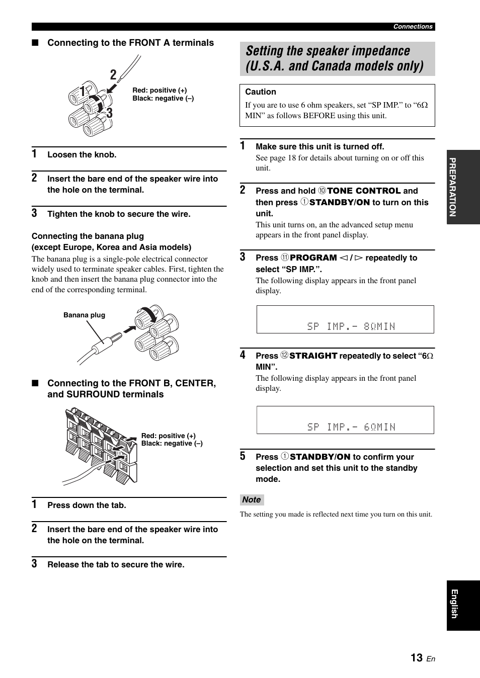 Setting the speaker impedance, U.s.a. and canada models only) | Yamaha HTR-6030 User Manual | Page 17 / 78