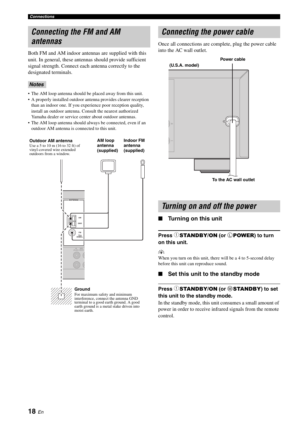 Connecting the fm and am antennas, Connecting the power cable, Turning on and off the power | P. 18, Turning on this unit, Set this unit to the standby mode | Yamaha HTR-6030 User Manual | Page 22 / 78