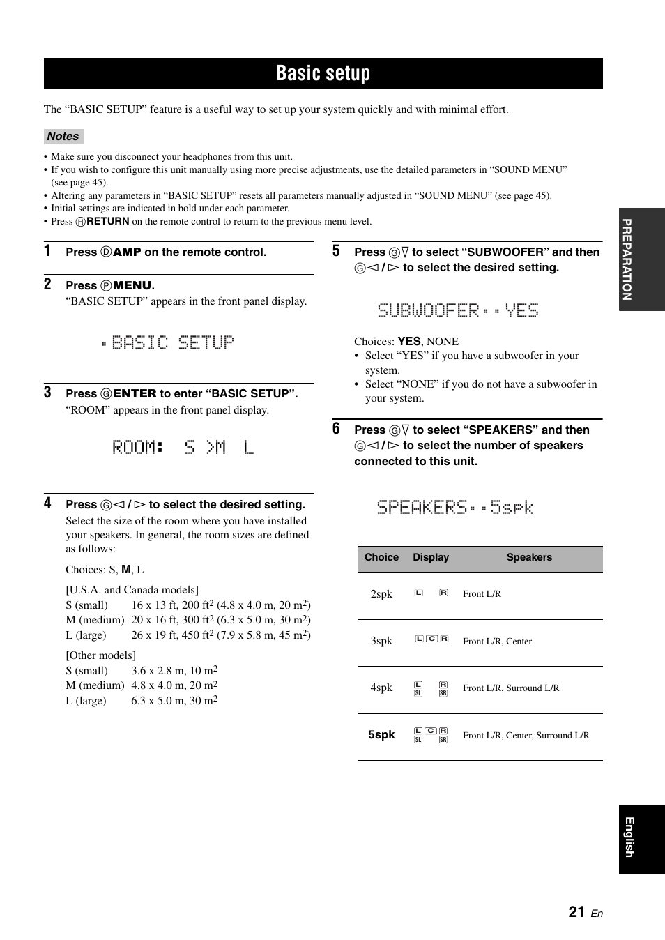 Basic setup, P. 21, Room: s >m l | Subwoofer ..yes speakers spk | Yamaha HTR-6030 User Manual | Page 25 / 78