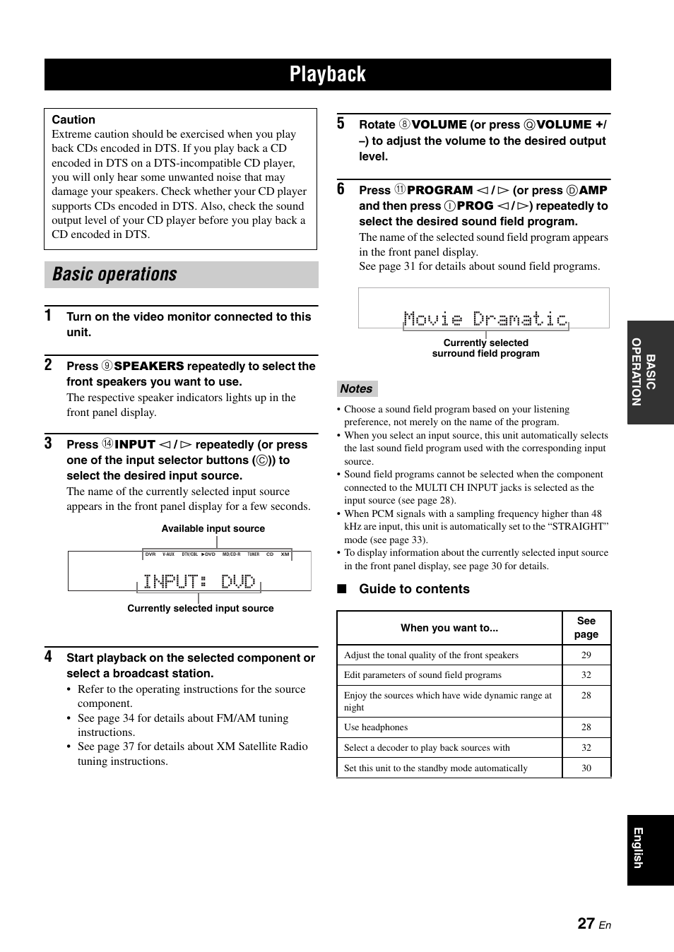 Playback, Basic operations, P. 27 | Movie dramatic, Basic operations input: dvd | Yamaha HTR-6030 User Manual | Page 31 / 78