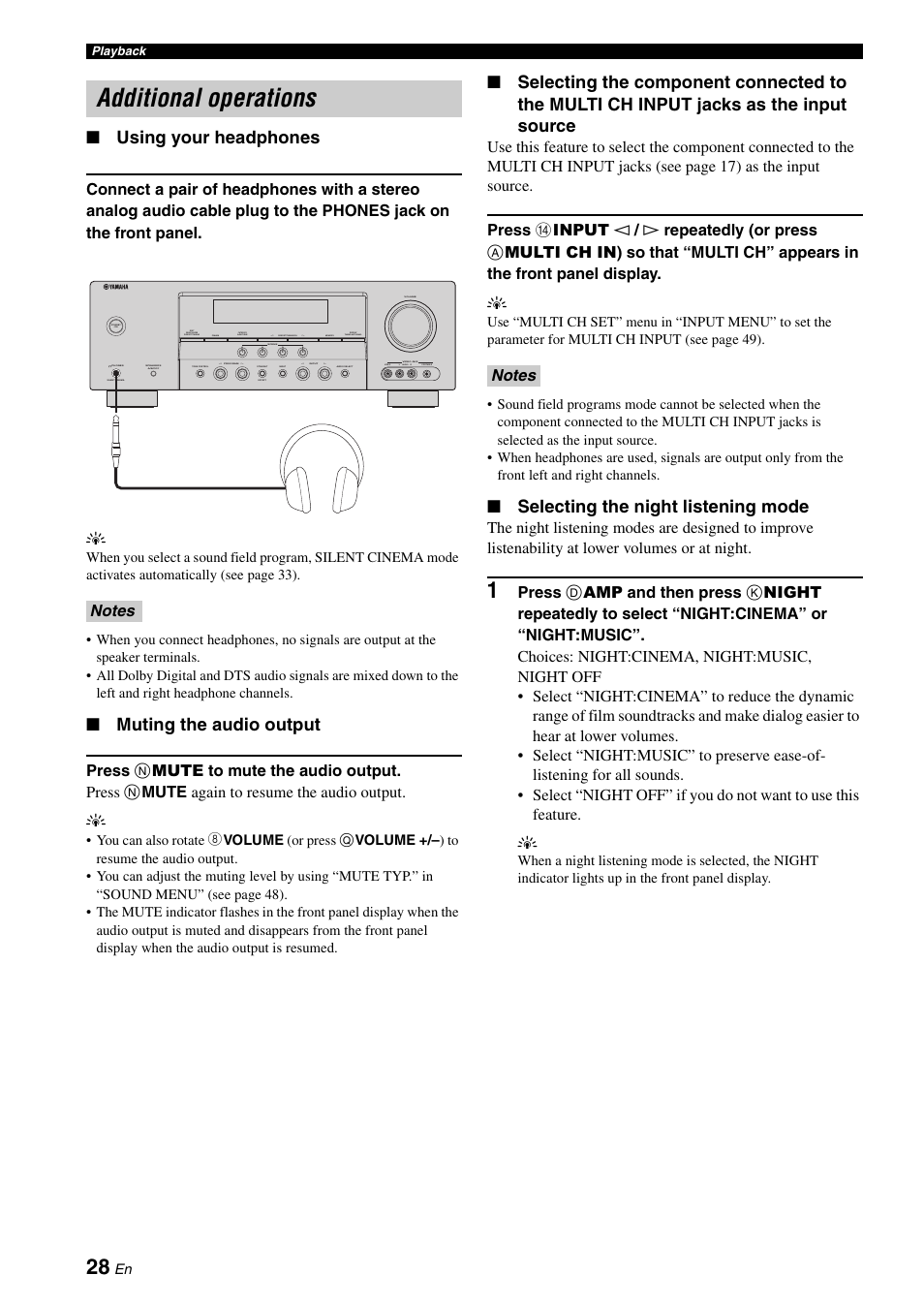 Additional operations, Using your headphones, Muting the audio output | Selecting the night listening mode | Yamaha HTR-6030 User Manual | Page 32 / 78