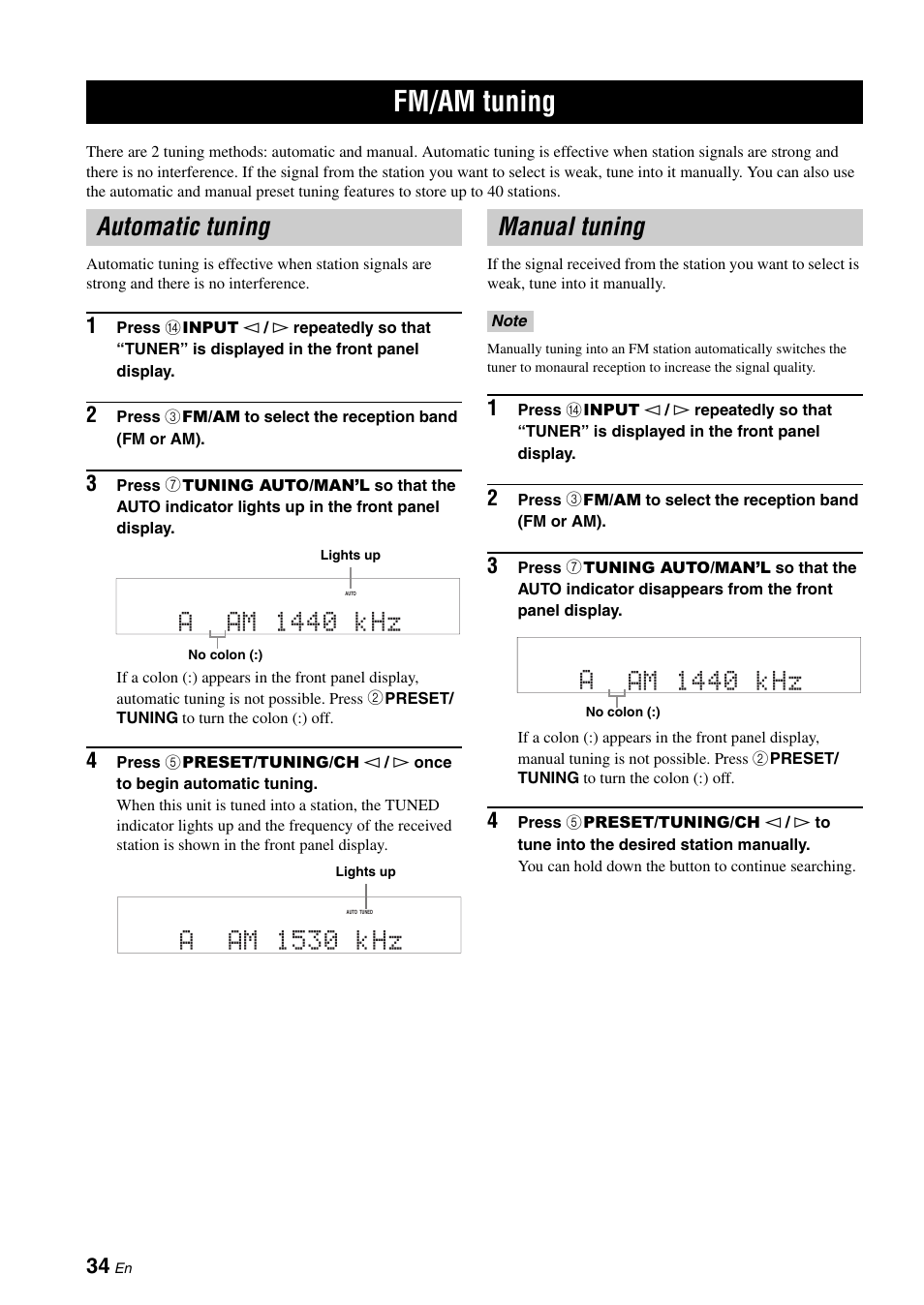 Fm/am tuning, Automatic tuning, Manual tuning | Automatic tuning manual tuning, P. 34, Aam 1440 khz, Aam 1530 khz | Yamaha HTR-6030 User Manual | Page 38 / 78