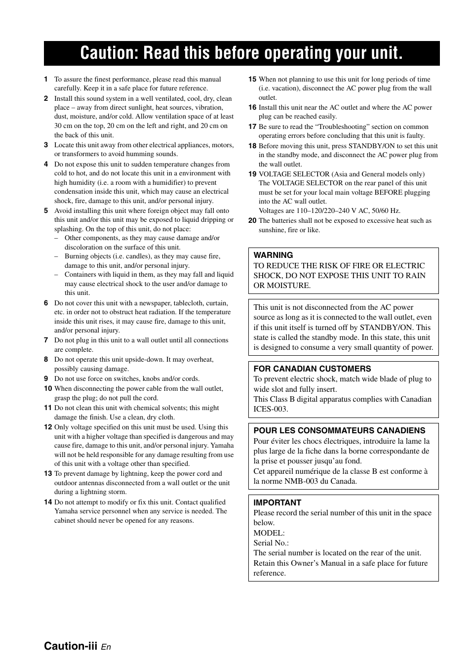 Caution: read this before operating your unit, Caution-iii | Yamaha HTR-6030 User Manual | Page 4 / 78