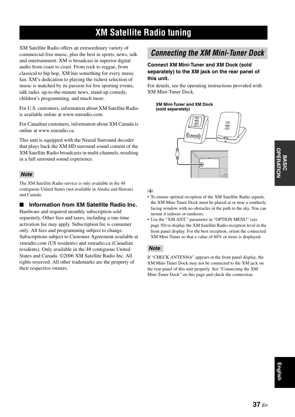 Xm satellite radio tuning, Connecting the xm mini-tuner dock, P. 37 | D 37), Information from xm satellite radio inc | Yamaha HTR-6030 User Manual | Page 41 / 78