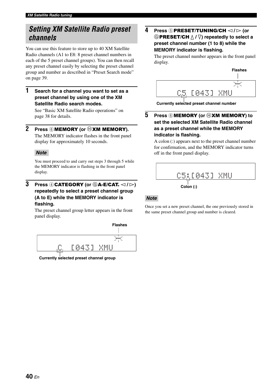 Setting xm satellite radio preset channels, Channels (see, C5:[043] xmu | C [043] xmu, C5 [043] xmu | Yamaha HTR-6030 User Manual | Page 44 / 78