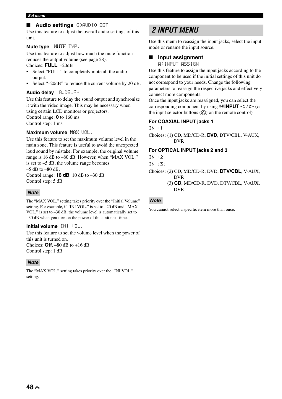 2 input menu | Yamaha HTR-6030 User Manual | Page 52 / 78