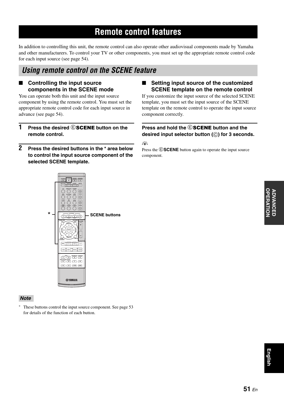 Remote control features, Using remote control on the scene feature, P. 51 | Scene buttons | Yamaha HTR-6030 User Manual | Page 55 / 78