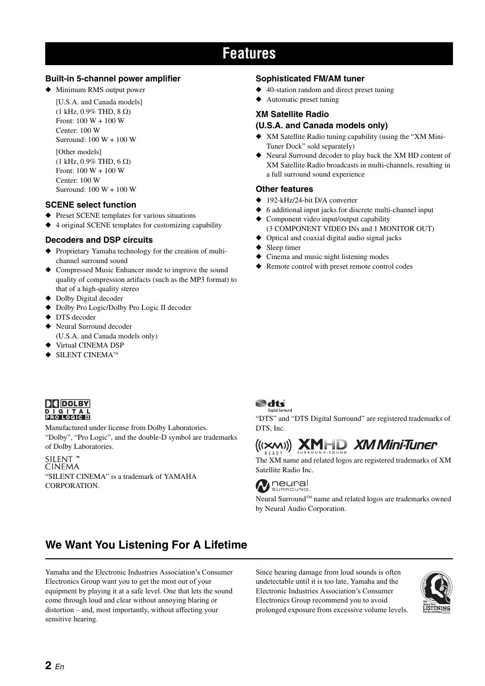 Introduction, Features, We want you listening for a lifetime | Yamaha HTR-6030 User Manual | Page 6 / 78