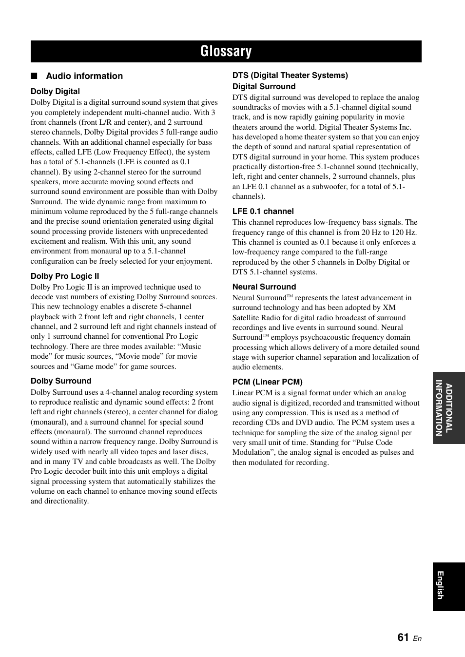 Glossary | Yamaha HTR-6030 User Manual | Page 65 / 78