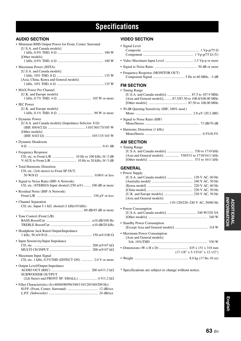 Specifications | Yamaha HTR-6030 User Manual | Page 67 / 78