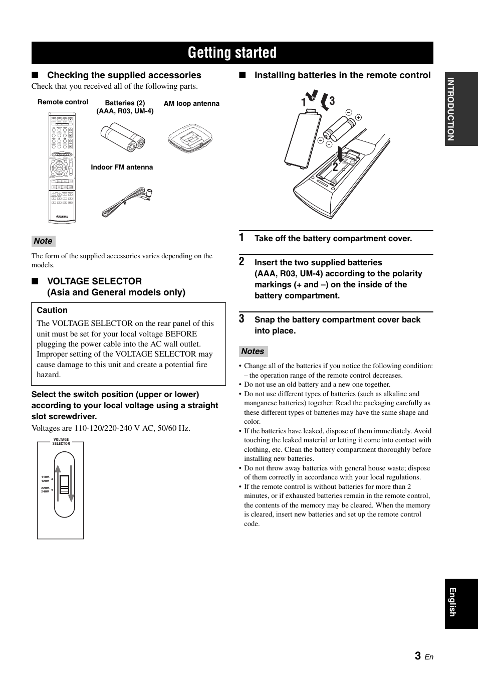 Getting started, Checking the supplied accessories, Voltage selector (asia and general models only) | Installing batteries in the remote control, Intr oduction english, Check that you received all of the following parts, Take off the battery compartment cover, Snap the battery compartment cover back into place, Scene | Yamaha HTR-6030 User Manual | Page 7 / 78