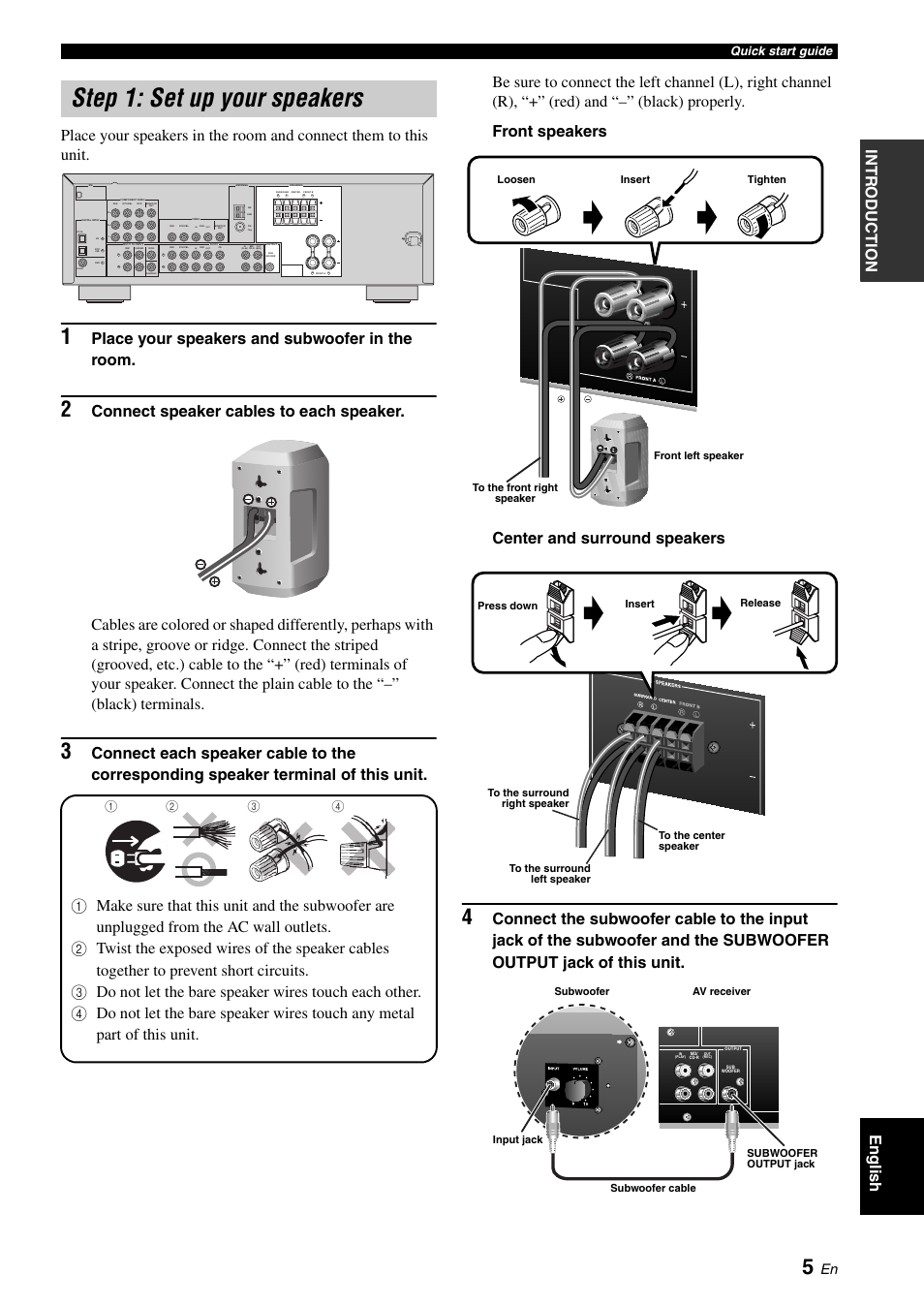 Step 1: set up your speakers, P. 5, Place your speakers and subwoofer in the room | Quick start guide | Yamaha HTR-6030 User Manual | Page 9 / 78