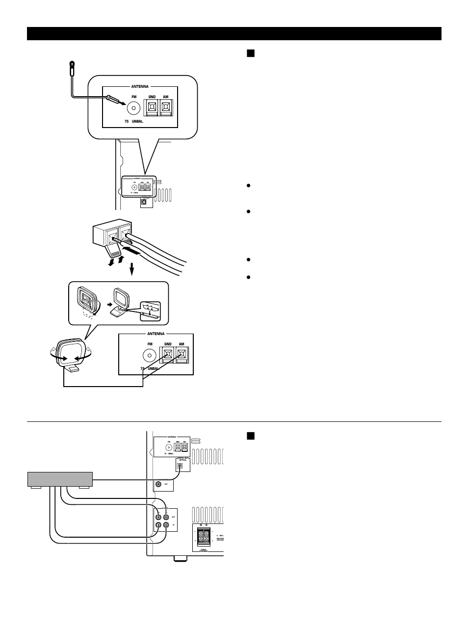 Antenna connection, 1) supplied fm antenna, 2) supplied am loop antenna | Using an external antenna | Yamaha GX500 User Manual | Page 16 / 44