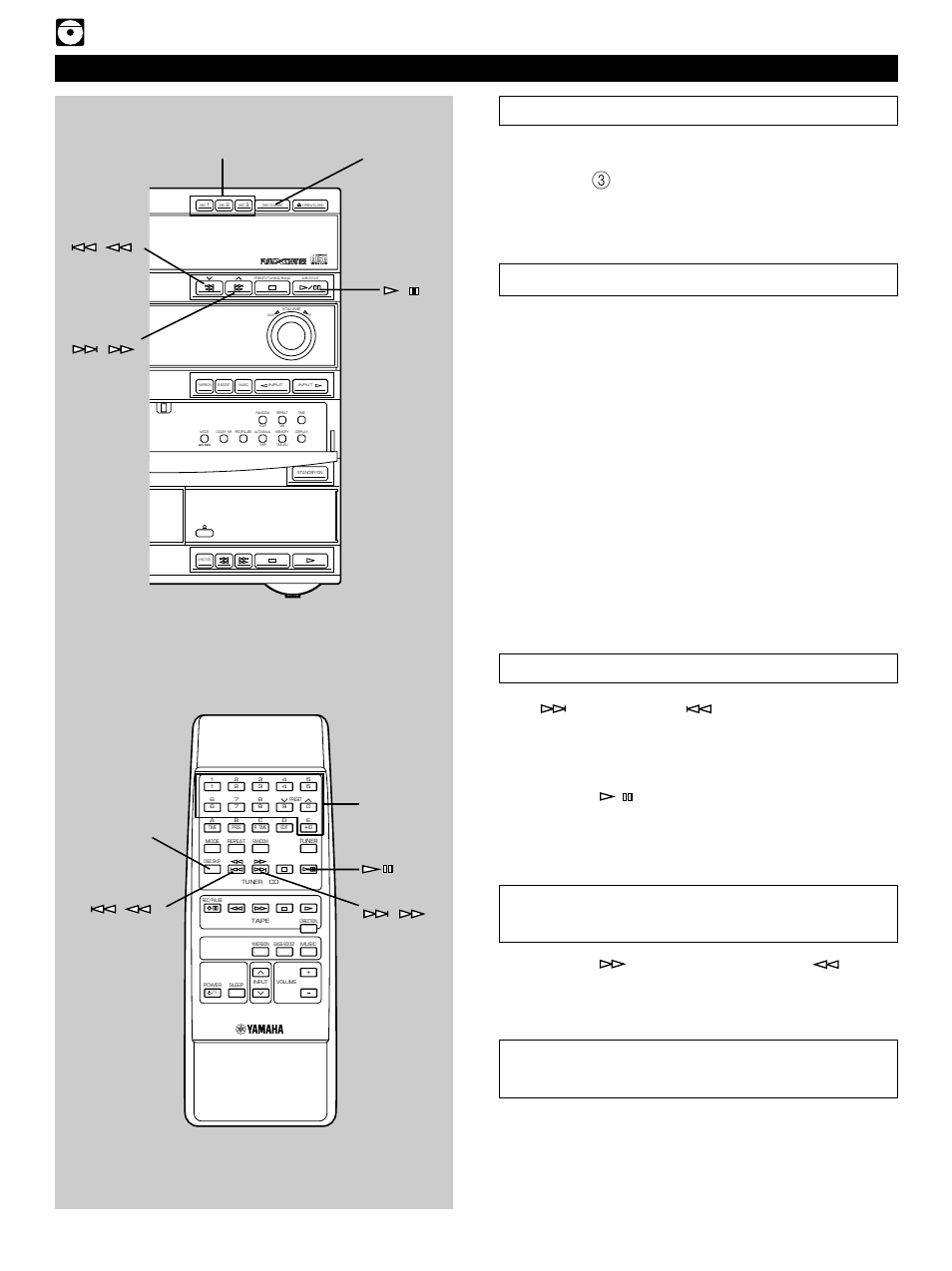 To select another disc, To select the desired track directly, To play the desired track (skip) | To advance or reverse play rapidly (search), E-10, Compact disc player operation, Disc change disc (1, 2, 3), Disc skip, Numeric buttons | Yamaha GX500 User Manual | Page 20 / 44