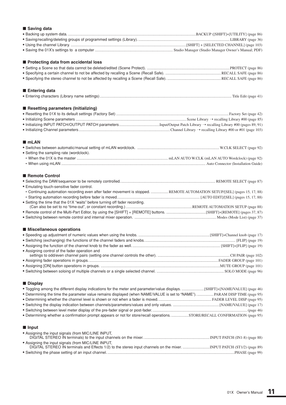 Saving data, Protecting data from accidental loss, Entering data | Resetting parameters (initializing), Mlan, Remote control, Miscellaneous operations, Display, Input | Yamaha 01X User Manual | Page 11 / 156