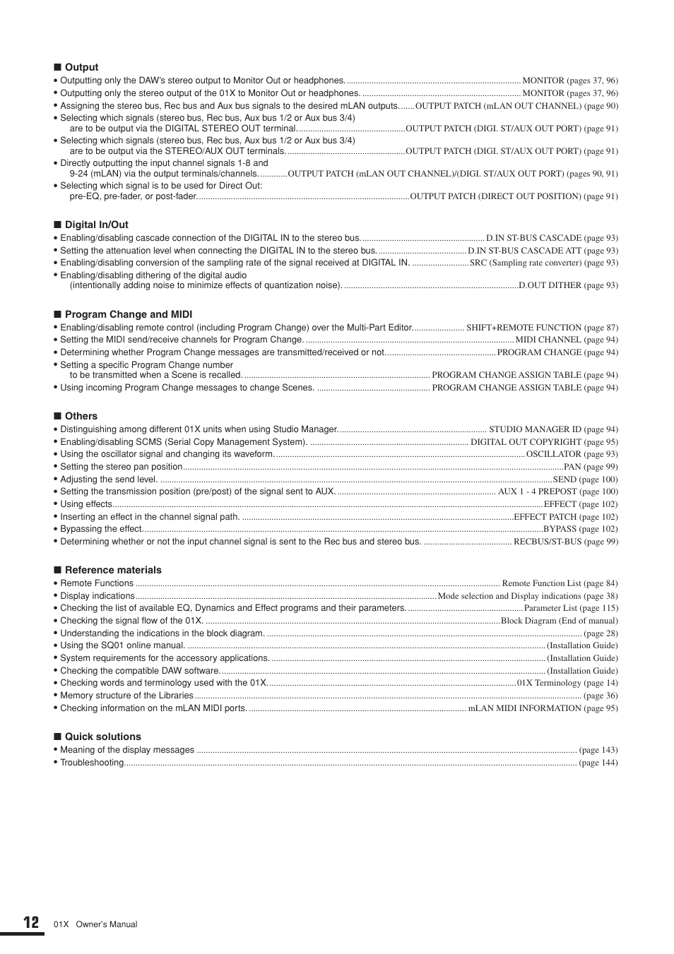 Output, Digital in/out, Program change and midi | Others, Reference materials, Quick solutions | Yamaha 01X User Manual | Page 12 / 156