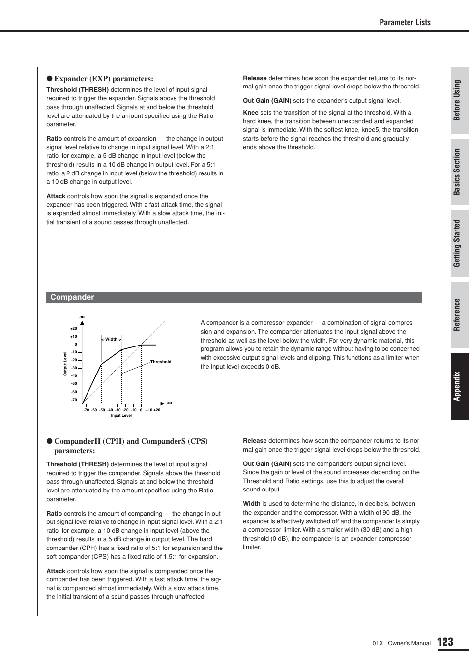 Parameter lists ● expander (exp) parameters, Companderh (cph) and companders (cps) parameters, Compander | Yamaha 01X User Manual | Page 123 / 156