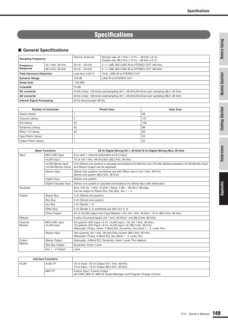 Specifications, General specifications | Yamaha 01X User Manual | Page 149 / 156