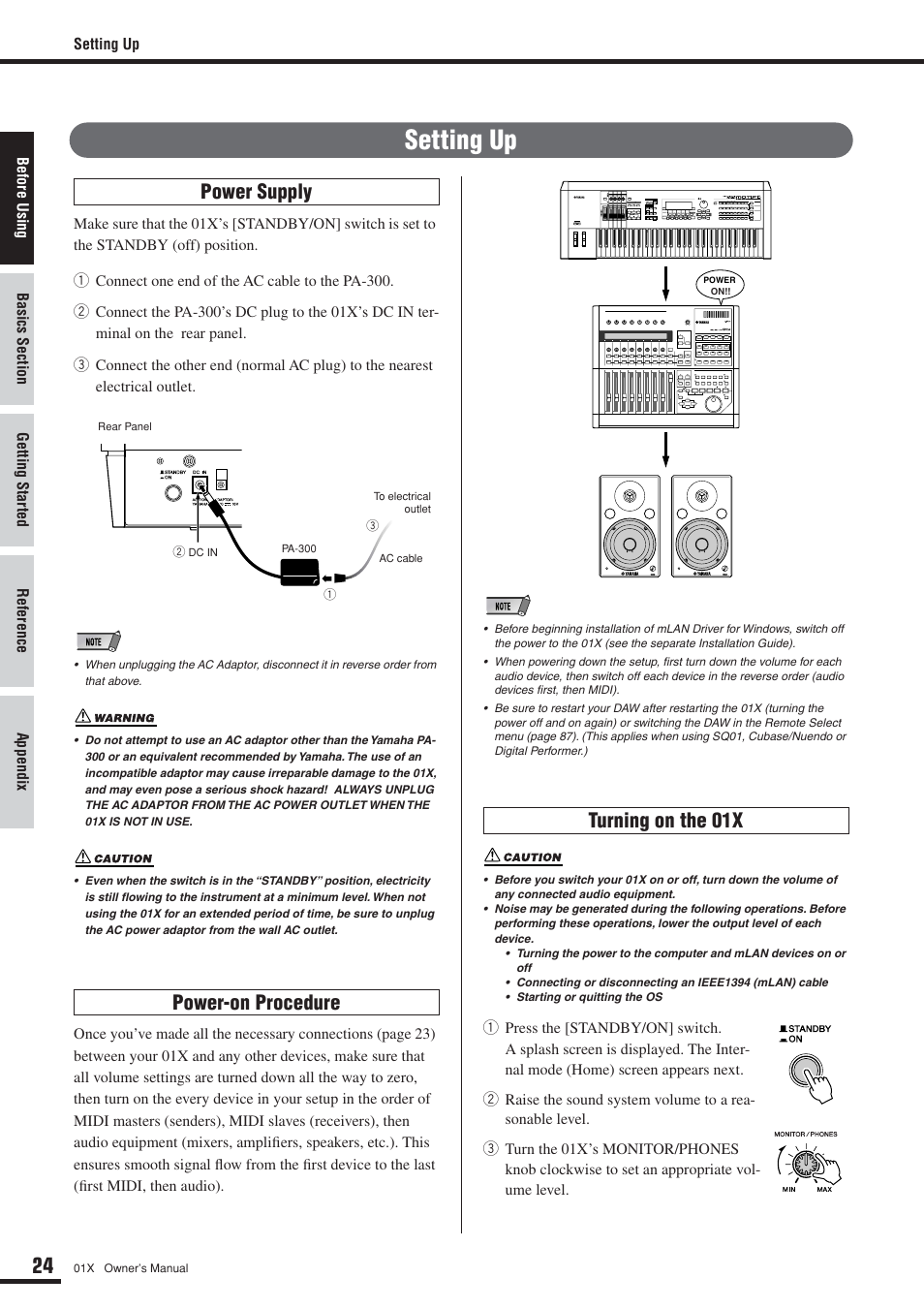 Setting up, Power supply power-on procedure, Turning on the 01x | Yamaha 01X User Manual | Page 24 / 156