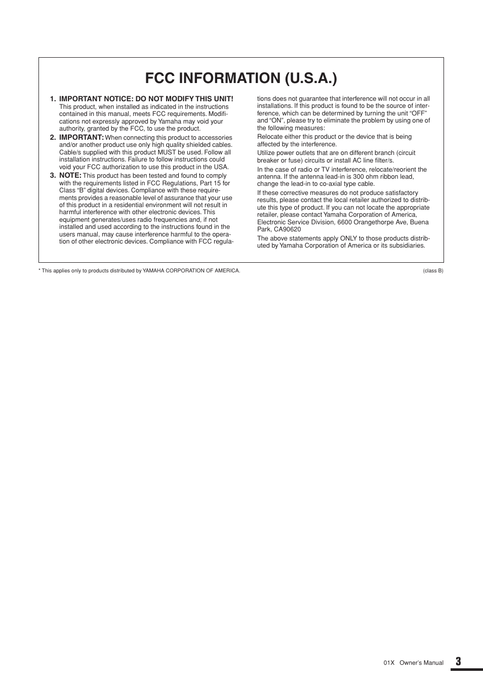 Fcc information (u.s.a.) | Yamaha 01X User Manual | Page 3 / 156