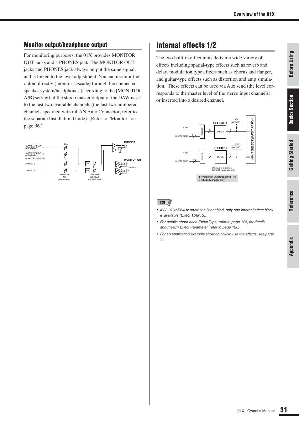Internal effects 1/2, Monitor output/headphone output, Overview of the 01x | Yamaha 01X User Manual | Page 31 / 156
