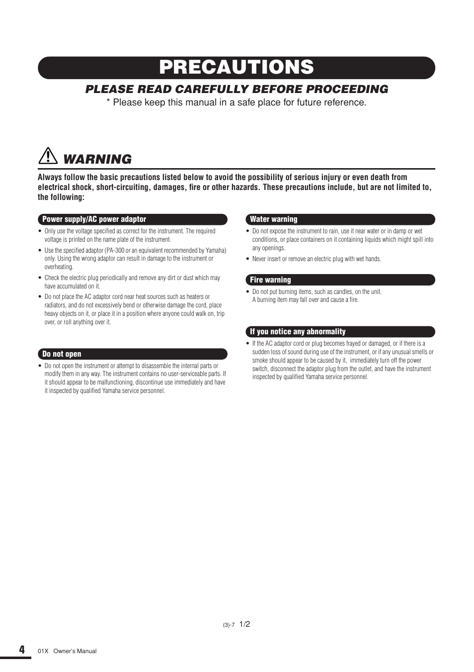 Precautions, Warning, Please read carefully before proceeding | Yamaha 01X User Manual | Page 4 / 156