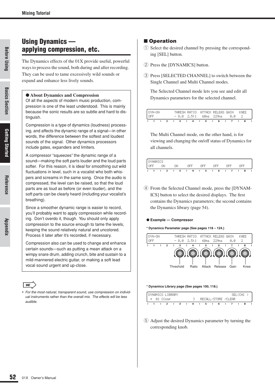 Using dynamics - applying compression, etc, Using dynamics, Applying compression, etc | Using dynamics — applying compression, etc, Operation | Yamaha 01X User Manual | Page 52 / 156