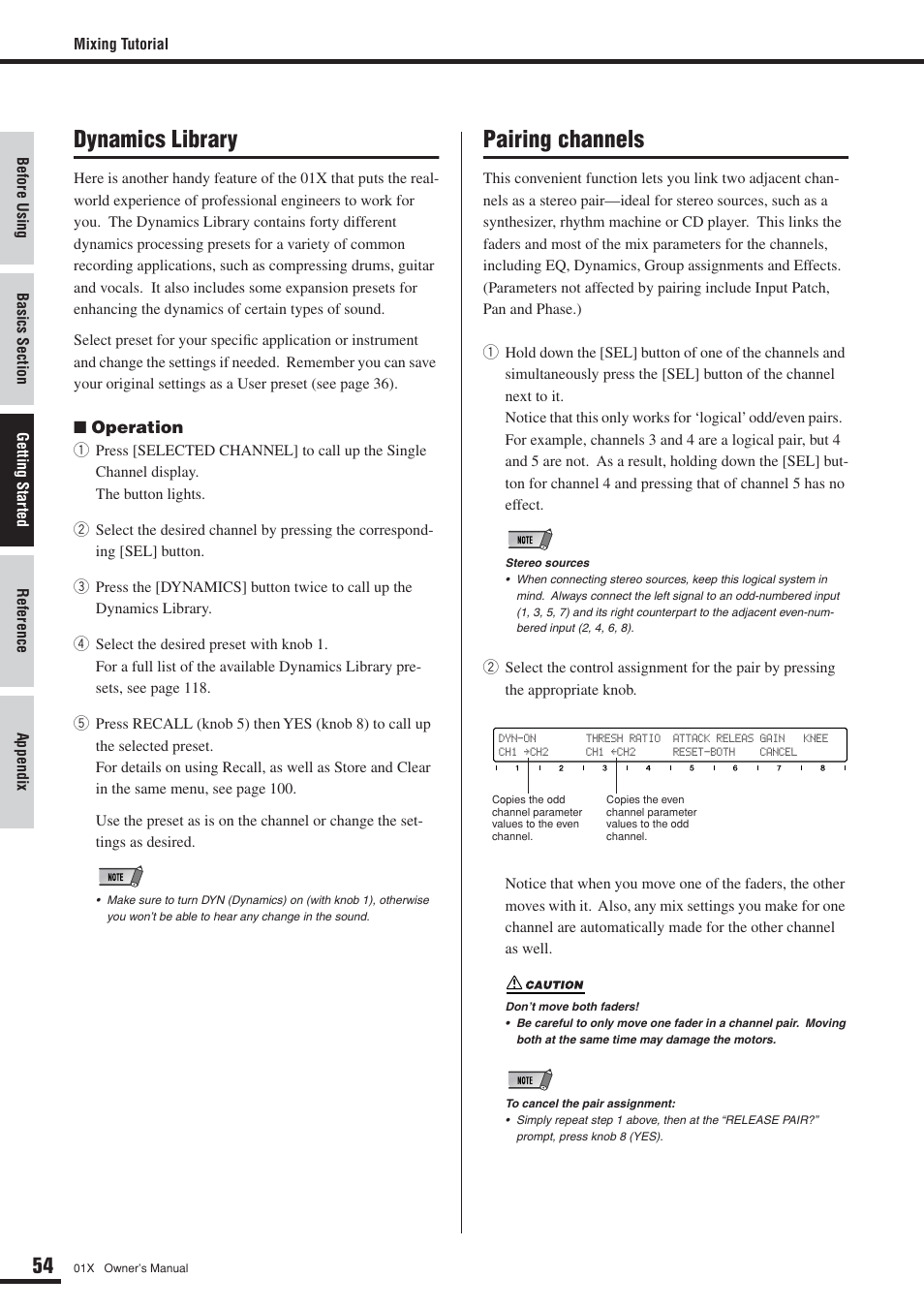 Dynamics library, Pairing channels | Yamaha 01X User Manual | Page 54 / 156