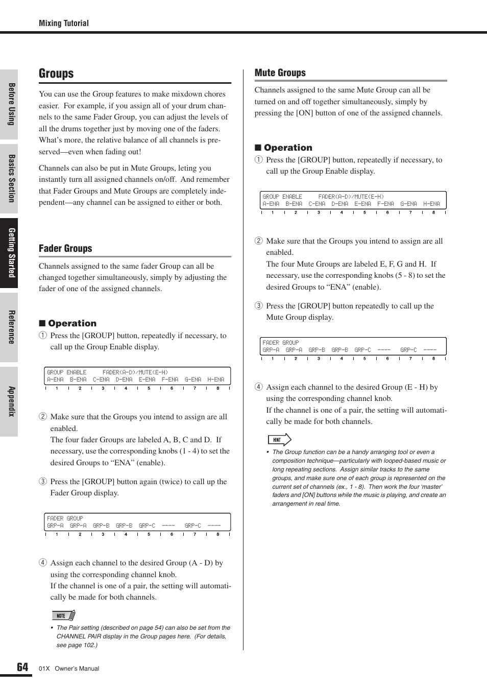 Groups, Fader groups, Mute groups | Yamaha 01X User Manual | Page 64 / 156