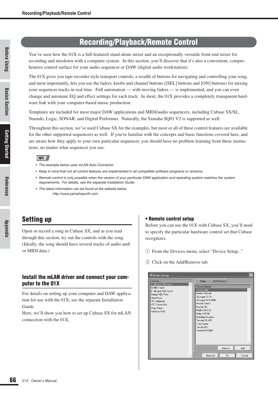 Recording/playback/remote control, Setting up | Yamaha 01X User Manual | Page 66 / 156