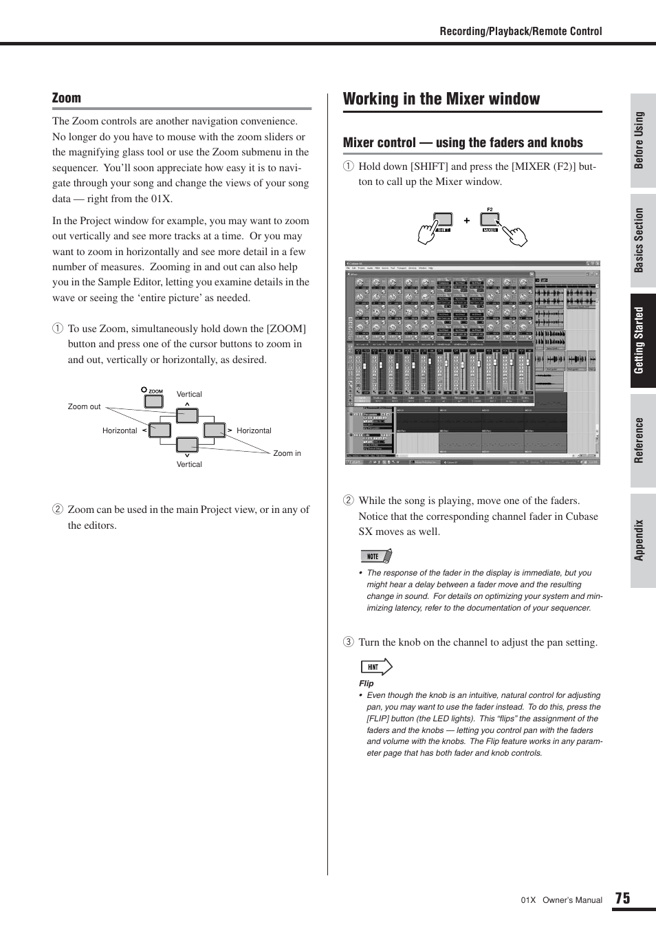 Working in the mixer window, Zoom, Mixer control — using the faders and knobs | Yamaha 01X User Manual | Page 75 / 156