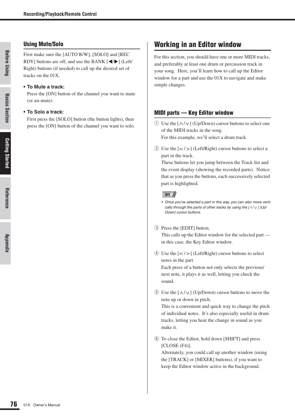 Working in an editor window | Yamaha 01X User Manual | Page 76 / 156