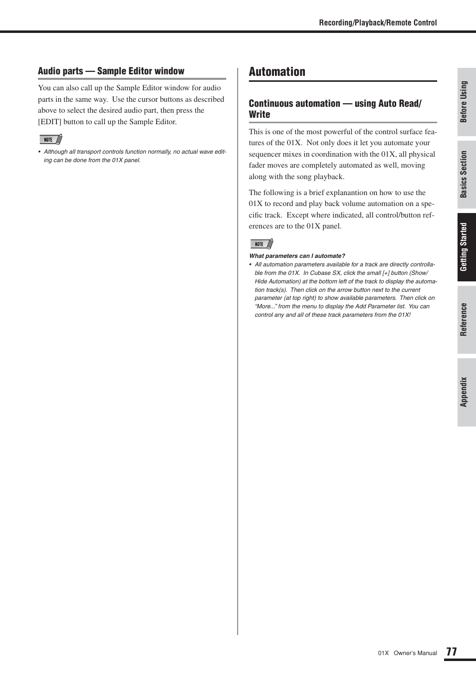 Automation, Audio parts — sample editor window, Continuous automation — using auto read/ write | Yamaha 01X User Manual | Page 77 / 156