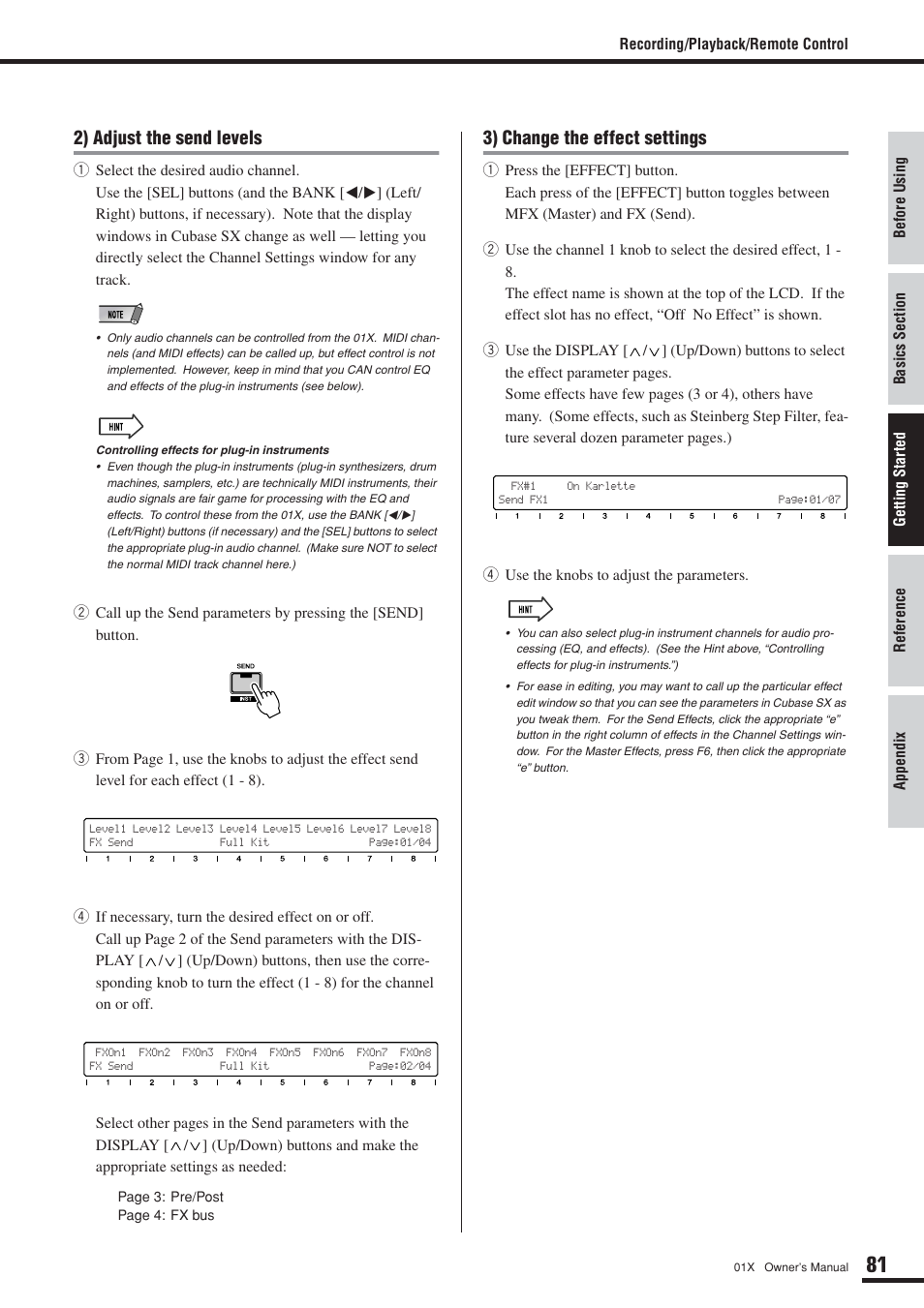 2) adjust the send levels, 3) change the effect settings | Yamaha 01X User Manual | Page 81 / 156